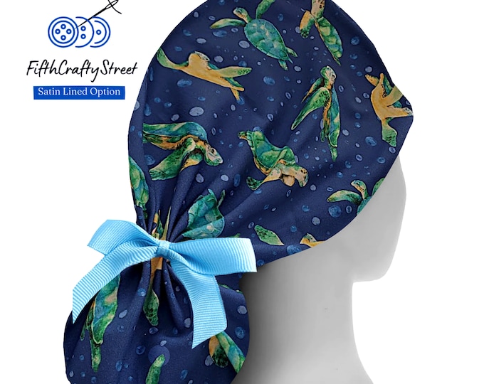 Sea Turtle Ponytail Scrub Cap for Women - Surgical Cap Satin Lined Option - FifthCraftyStreet