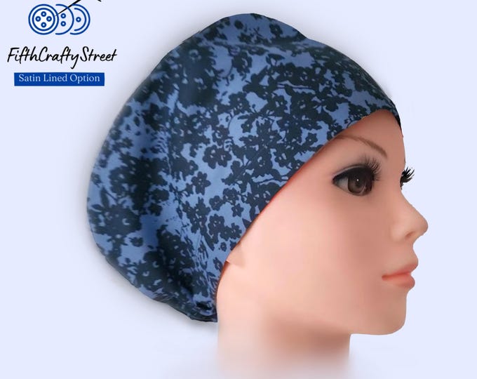 Euro Scrub Caps  - Adjustable - Satin Lining option - Floral Blue - Lightweight Cotton -