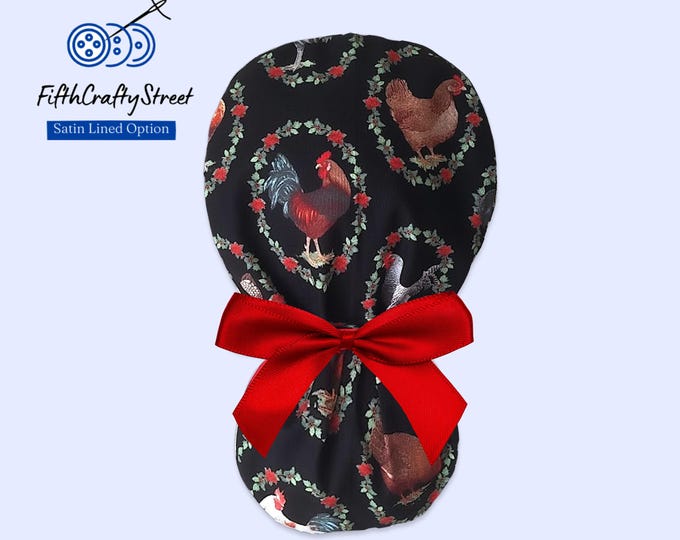 Rooster Scrub Caps for Women Ponytail - Satin Lined Surgical cap option - FifthCraftyStreet