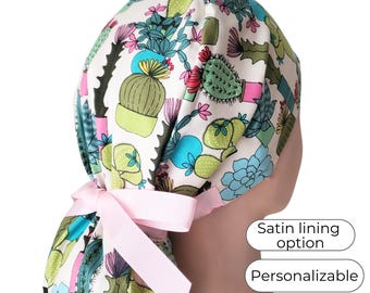 Ponytail Scrub Cap, Tropical Cactus, Satin Lining option