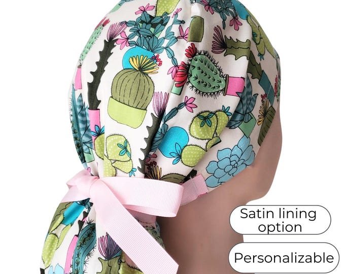 Ponytail Scrub Cap, Tropical Cactus, Satin Lining option