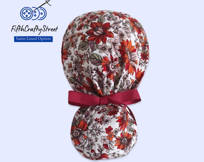 Fall Ponytail Scrub Cap for Women - Floral Surgical Cap with Satin Lined Option - FifthCraftyStreet