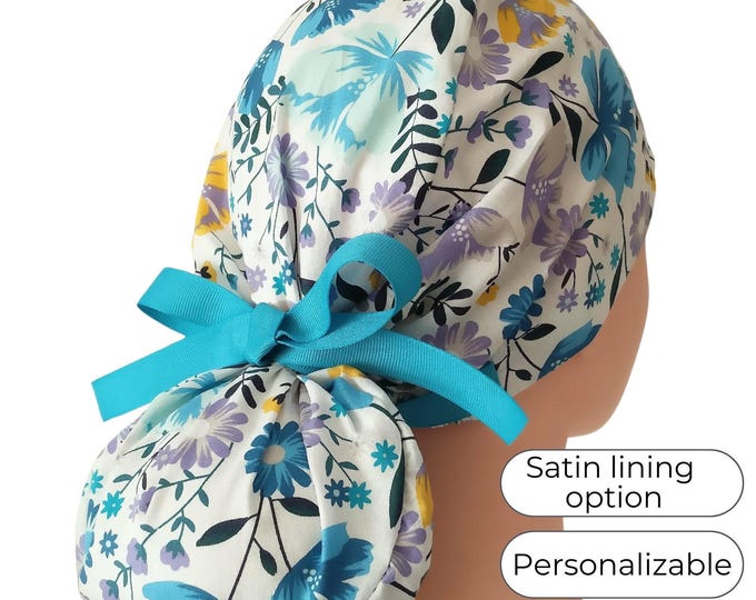 Turquoise Floral Ponytail Scrub Cap: Satin Lined Medical Hat