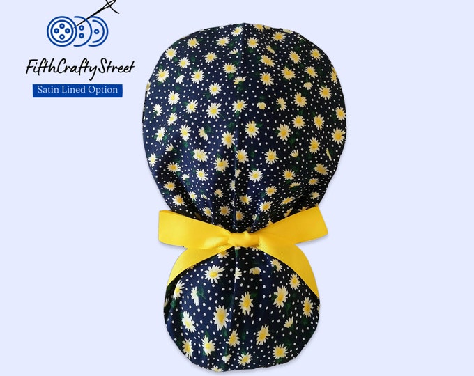 Little Daisy Ponytail Scrub Cap - Surgical Cap with Satin Lining Option - FifthCraftyStreet