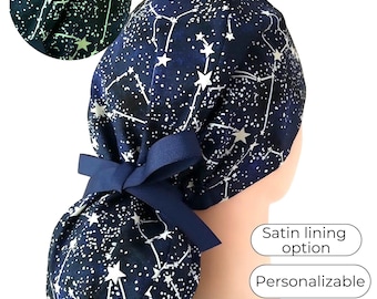 scrub hats ponytail, Constellation, Glow-in-the Dark,  scrub cap with buttons, Satin Lining option -