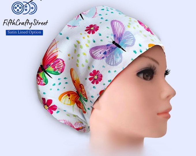 Euro Scrub Cap - Adjustable - Satin Buttons Lined option - Butterfly Garden