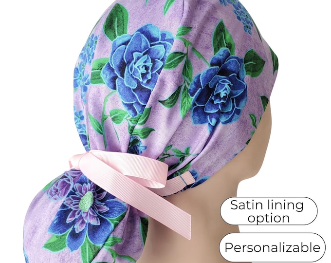 Purple Garden  - Ponytail Scrub Cap for Women - Surgical Cap Satin Lined Option -