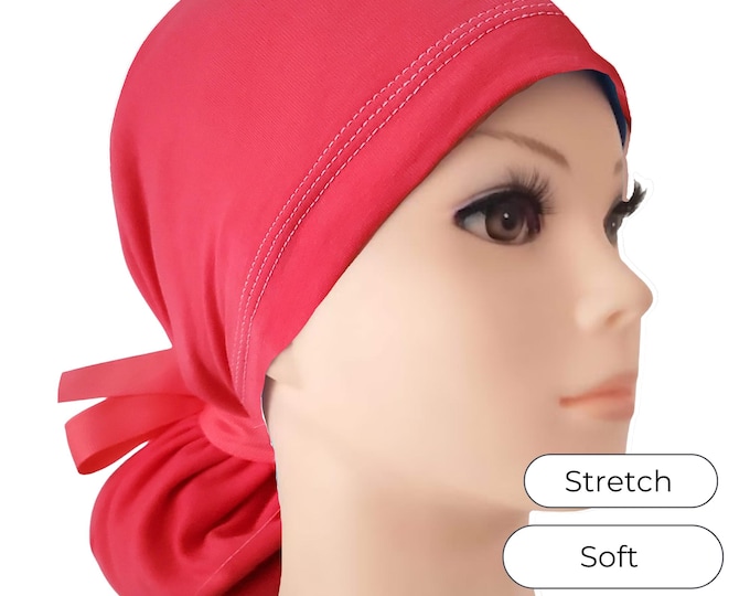 Coral Organic Stretch Cotton Scrub Cap, Ponytail Surgical Hat, Adjustable Elastic with Toggle