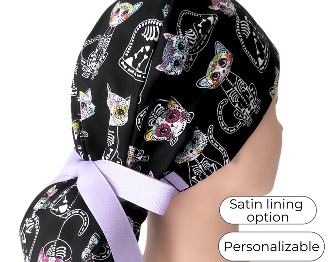 Halloween - Glow in the Dark - Ponytail Scrub Cap for Women - Surgical Cap with Satin Lining option - FifthCraftyStreet