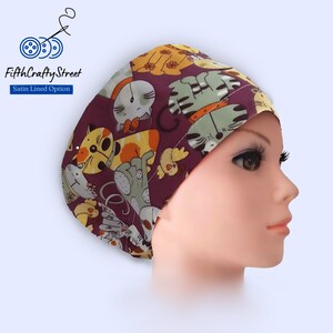 Euro Scrub Caps - Satin Lined option - Adjustable - Cats - FifthCraftyStreet