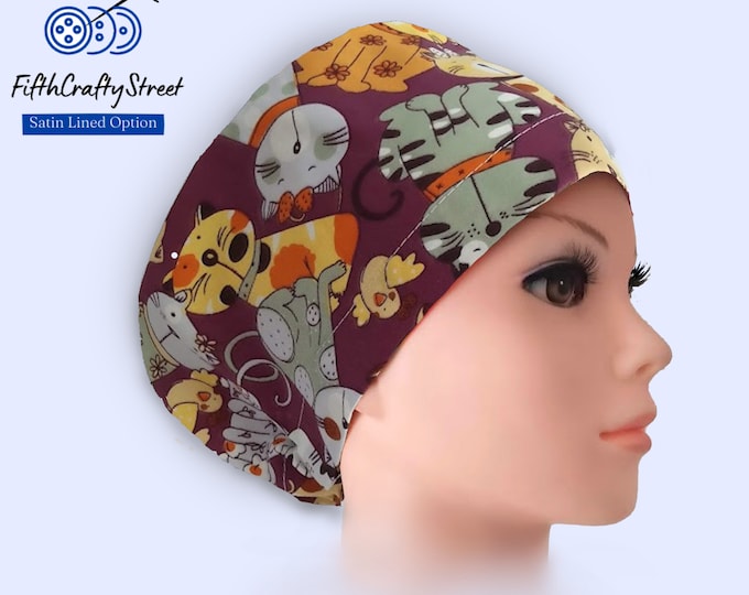 Euro Scrub Caps - Satin Lined option - Adjustable - Cats - FifthCraftyStreet