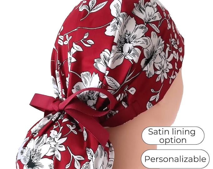Fall Ponytail Scrub Cap for Women - Floral Surgical Cap Satin Lined Option