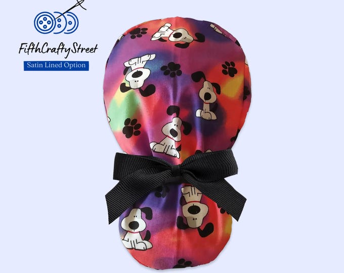 Satin Lined Option Ponytail Scrub Cap for Women - Dog Paws Surgical Cap - FifthCraftyStreet