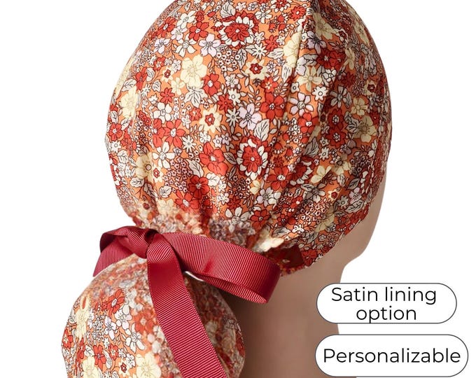 Ponytail Scrub Cap, Floral Cotton with Satin Lining option