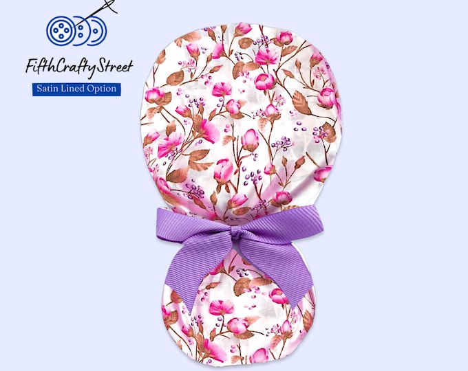 Floral Ponytail Scrub Cap for Women - Surgical Cap with Satin Lining Option - FifthCraftyStreet