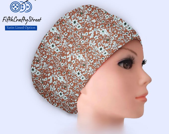 Floral Euro Scrub Cap: Satin Lined, Adjustable Cotton Surgical Hat