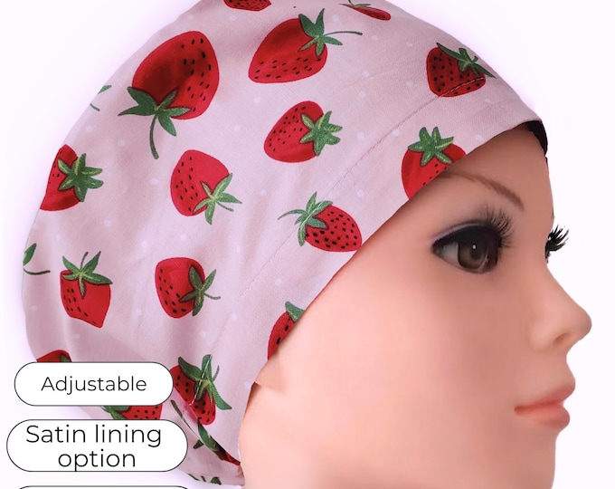 Strawberry Euro Scrub Cap: Satin Lining Option, Personalized Nurse Hat
