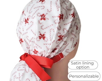 Candy Cane Ponytail Scrub Cap Satin Lined Adjustable Christmas Surgical Hat for Women