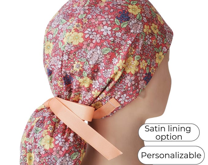 Fall Ponytail Scrub Cap for Women - Floral Surgical Cap with Satin Lined Option - FifthCraftyStreet