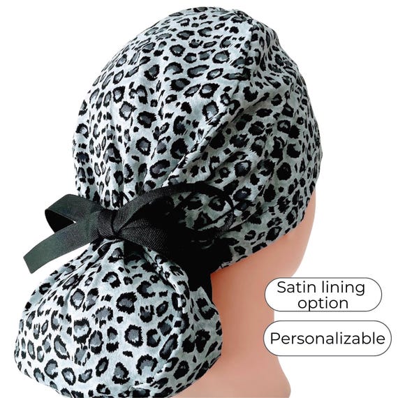 Animal Print Ponytail Scrub Cap - Gray medical hat with Satin Option