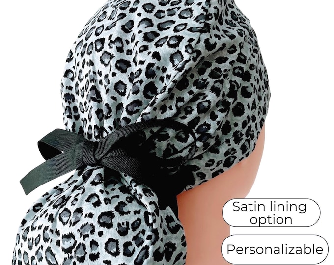 animal print gray Ponytail Scrub Cap for Women - Surgical Cap Satin Lined Option -