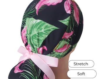 Stretch Ponytail Scrub Cap: tropical hibiscus print adjustable surgical cap