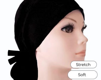 Black Organic Stretch Cotton Scrub Cap, Ponytail Surgical Hat, Adjustable Elastic with Toggle