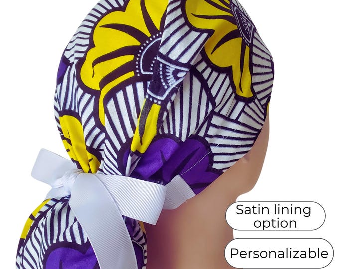 Ankara Ponytail Scrub Cap - Surgical Cap - Satin Lined option