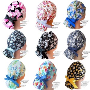 Ponytail Scrub Cap Floral: Buttons, Personalization Satin Lined  Option