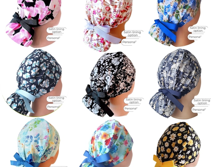 Ponytail Scrub Cap Floral: Buttons, Personalization Satin Lined  Option