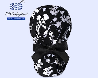 Black and white Ponytail Scrub Cap for Women - Floral Surgical Cap with Ponytail Holder and Satin Lining Option