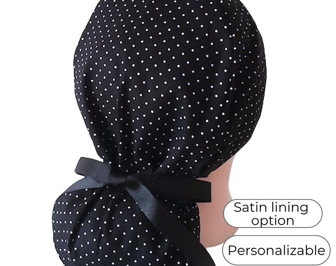 Polkadot print black Ponytail Scrub Cap for Women - Surgical Cap Satin Lined Option - FifthCraftyStreet