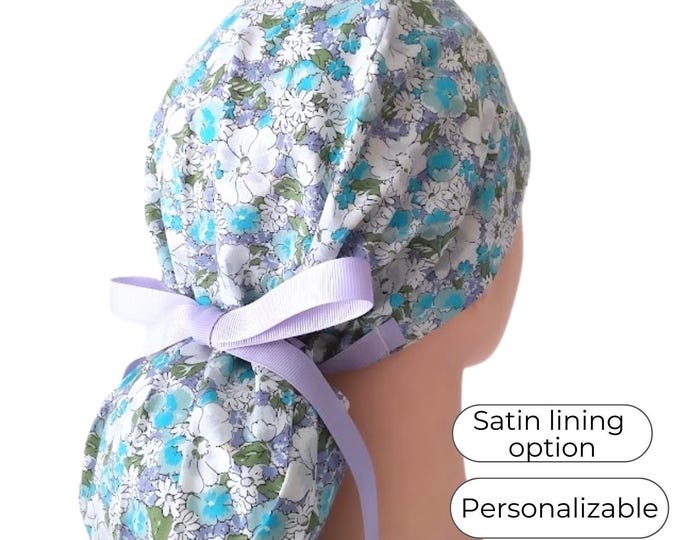 Floral Scrub Caps Ponytail style for Women with Satin Lining option