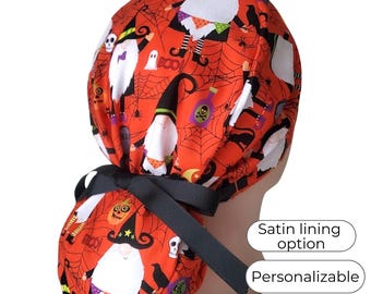 Halloween Ponytail Scrub Cap for Women - Gnome Boo- Surgical Cap with Silky Satin Lining -