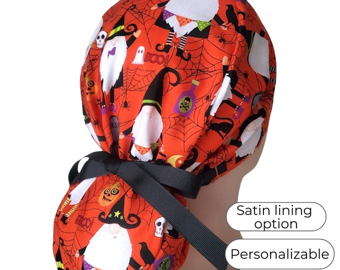 Halloween Ponytail Scrub Cap for Women - Gnome Boo- Surgical Cap with Silky Satin Lining - FifthCraftyStreet
