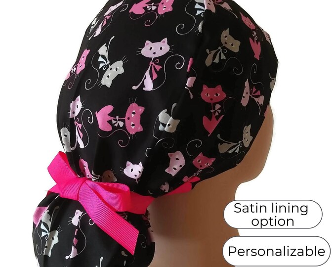Cat Pink Ponytail Scrub Cap for Women - Surgical Cap Satin Lined Option -