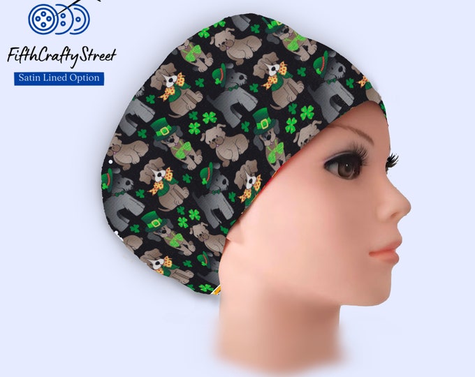 Clever Dog - Euro Scrub Cap for Women - St Patrick's Day - Satin Lined option - FifthCraftyStreet
