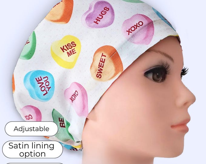 Satin Lined Euro Style Scrub Cap, Candy Heart Valentine Pattern: Adjustable, Personalization option