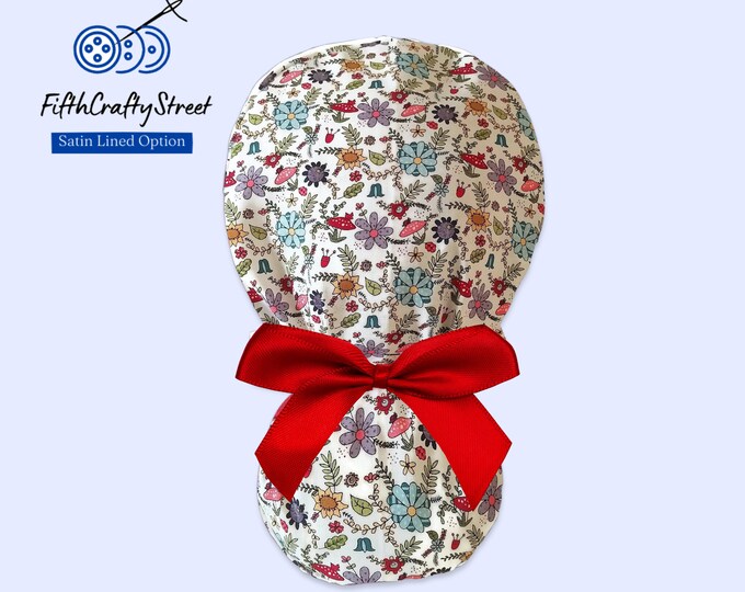 Mushroom Floral Ponytail Scrub Cap for Women - Surgical Cap with Satin Lining Option - FifthCraftyStreet