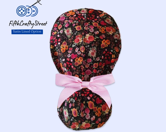 Flower Ponytail Scrub Cap for Women - Floral Surgical Satin Lined Scrub Cap option - FifthCraftyStreet