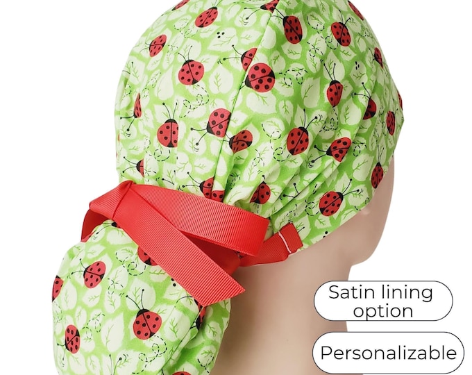 Ponytail Scrub Cap with Satin Lining and Personalization Option: Ladybug on Green