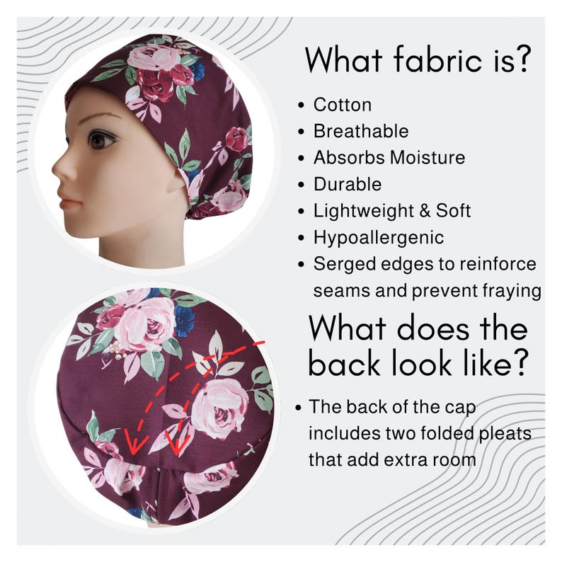 Puede incluir: Una gorra con estampado floral burdeos con una vista lateral de la gorra en una cabeza de maniqu&iacute;. La gorra presenta un patr&oacute;n de rosas rosas y blancas con hojas verdes. El texto del lado derecho enumera las propiedades de la tela.