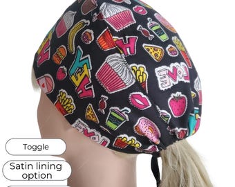 Colorful Fast Food Print Tie Back Scrub Cap - Adjustable - Satin Lining option - Snack Attack