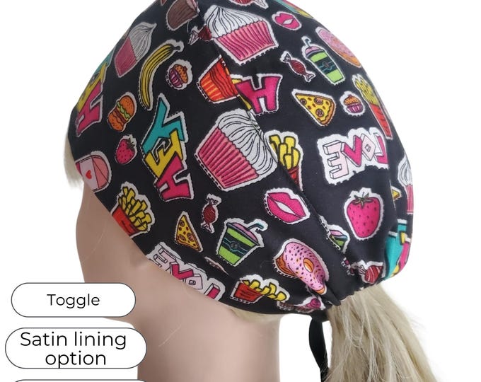 Colorful Fast Food Print Tie Back Scrub Cap - Adjustable - Satin Lining option - Snack Attack