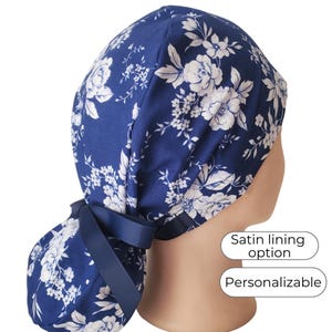 Ponytail Scrub Cap for Women with Long Hair Personalizable and Satin Lining Options: Blue Floral