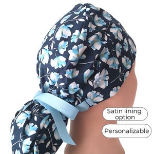 Navy Ponytail Scrub Cap for Women - Floral Surgical Cap with Ponytail Holder -