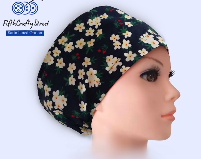Euro Scrub Caps - Adjustable - Satin Lining option - Floral on navy - FifthCraftyStreet