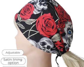 Skull and Roses Scrub Cap: Tie Back, Adjustable, Satin Lined