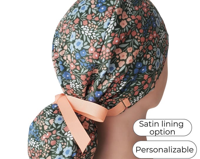 Wildflowers - Ponytail Scrub Cap for Women - Surgical Cap Satin Lined Option