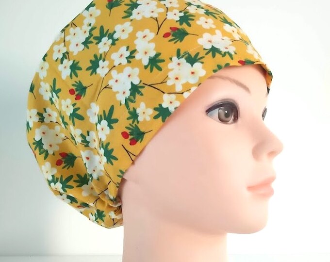 Green Yellow Floral Euro Scrub Cap - Adjustable - Satin Lined option - FifthCraftyStreet